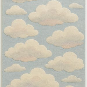 Soft Sky Blue Hand-Tufted Cloud Design Carpet with Creamy White Clouds, Cozy Nursery & Living Room Decor