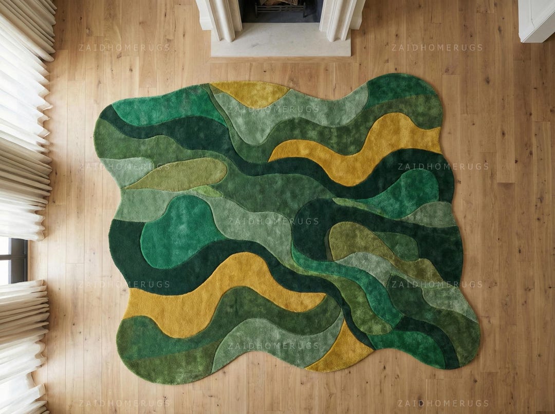 Abstract Green Organic Shaped Area Rug Modern Hand Tufted Wool ...