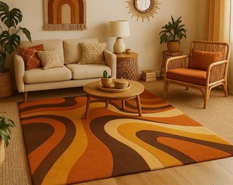 Retro Wave Area Rug, Mid Century Modern Abstract Carpet, 5x8