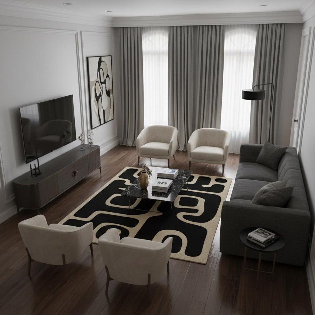 Modern Minimalist Living Room With Abstract Rug, Neutral Tones, and ...