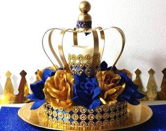 Crown Royal Prince Baby Shower Centerpiece / Boys Royal Blue and Gold Baby Shower Theme and Prince Decorations