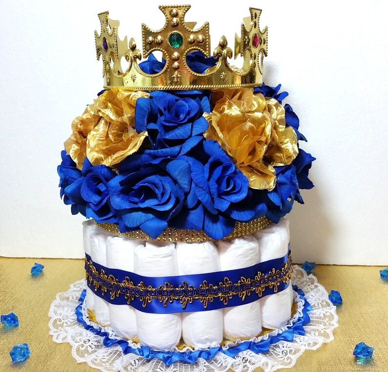 Diaper Cake Centerpiece For Royal Prince Baby Shower Boys Blue And Gold Theme Decorations