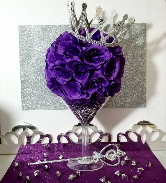 Martini Flower Ball Purple And Silver Baby Shower Table Centerpiece Prince Or Princess Royal Theme Decorations