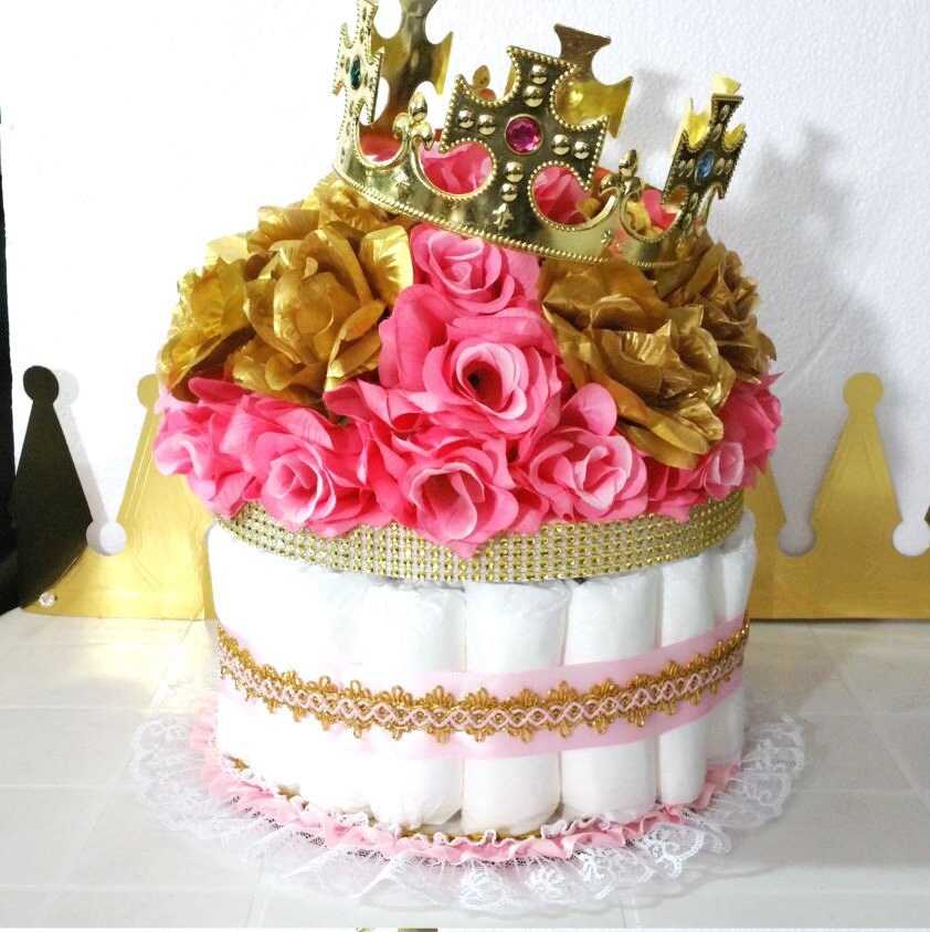 Pink And Gold Baby Shower Diaper Cake Crown Centerpiece Etsy