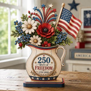 May include: A decorative pitcher featuring a red, white, and blue floral arrangement with a miniature American flag and a firework-shaped topper. The pitcher displays the text 250 Years of FREEDOM 1776-2026 within a circular emblem on the front.