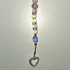 Crystal Suncatcher, Iridescent and Pink Glass Beads with Rhinestone Heart Charm, 10.5 Inches