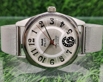Reloj de pulsera vintage HMT Pilot mecánico de cuerda manual con esfera blanca y 17 joyas para hombre.