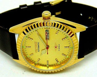Vintage Citrin Automatik Gold Zifferblatt Day-Date Japan Made Herren Armbanduhr,