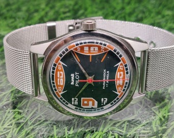 Relógio de pulso masculino vintage HMT Pilot, mecânico, de corda manual, mostrador verde, 17 rubis.