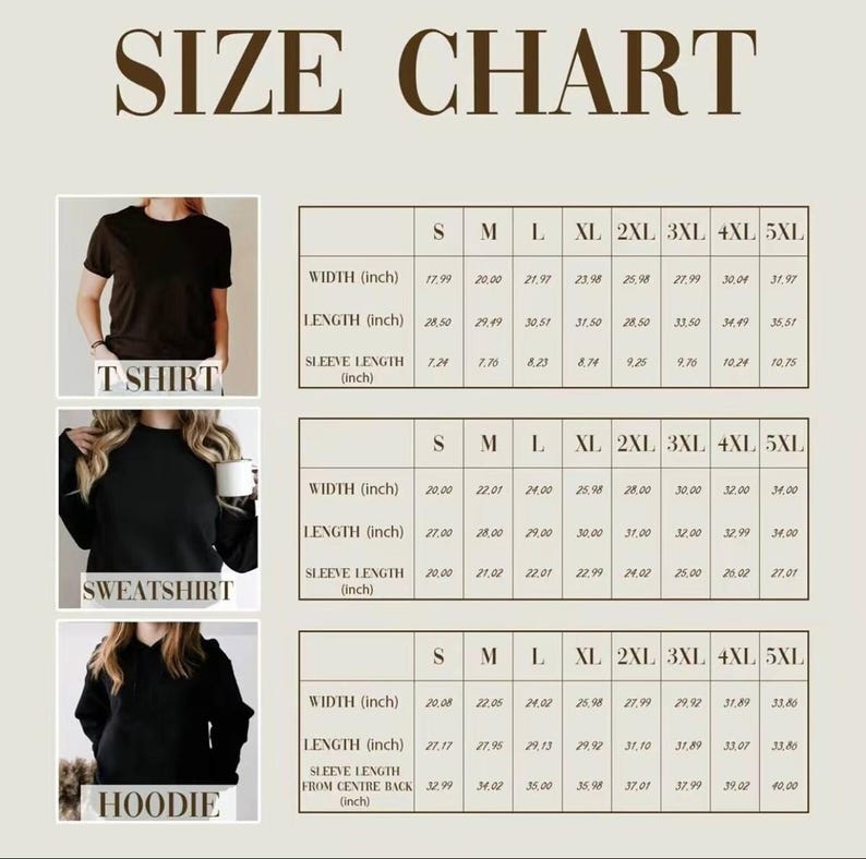 May include: A size chart for t-shirts, sweatshirts, and hoodies, with measurements in inches. The chart includes width, length, and sleeve length for various sizes, from S to 5XL. The text "SIZE CHART" is at the top.