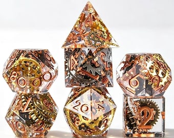 Steampunk Gear Resin Dice Set: Sharp Edge Polyhedral RPG Dice