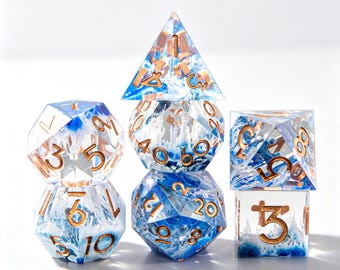 Conjunto de Dados de Resina com Ondas do Oceano: Dados Poliédricos com Bordas Afiadas para Jogos de RPG