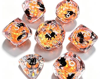 Dados de resina con forma de gato brillante y corte de diamante para Halloween – Juego de 7 dados poliédricos para juegos de rol que brillan en la oscuridad