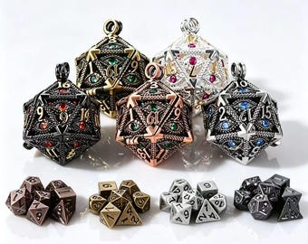 Llavero mecánico D20 con diseño de ojo que todo lo ve y juego de mini dados - Juego de rol de metal personalizable de 7 piezas