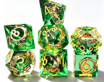 Juego de dados de resina de borde afilado: anillo dorado, poliédrico hecho a mano para D&D