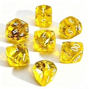 May include: A set of seven translucent yellow polyhedral dice with white engraved numbers. The collection includes various shapes such as a d20, d12, d10, d8, d6, and d4, all featuring sharp edges and a faceted, gem-like appearance for tabletop gaming.
