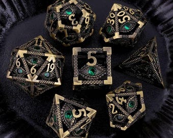 Gemstone Eye Obsidian Cage Dice Set: Metal Polyhedral DND, RPG