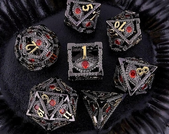 Juego de dados de jaula de obsidiana con ojo de gema: poliédrico metálico para DND y RPG
