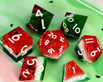Juicy Watermelon Gradient Dice Set: polyhedral resin handmade fruit dice, dnd, rpg