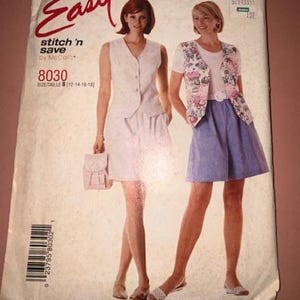 May include: A vintage sewing pattern titled "Easy stitch 'n save by McCall's" featuring two women modeling outfits. The pattern number is 8030, with size B (12-14-16-18). The outfits include a vest, skirt, and shorts.