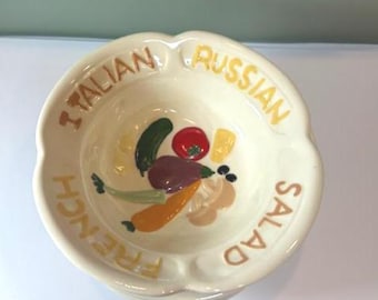 Set of Five Vintage 1980s Ceramic Salad Bowls with Hand-Painted Embossed Design