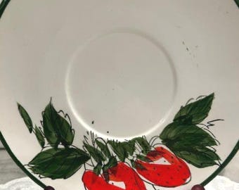 Vintage Japanese ceramic soup saucer with a hand-painted strawberry pattern.