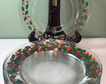 Set van 10 Franse Arcoroc Holly Berries Vintage glasplaten - Kerstamusement