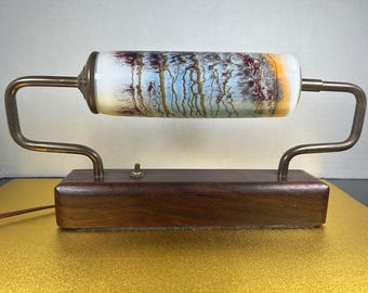 Vintage Art Deco Brass Glass Lamp - Mid Century Virginia Walnut Base