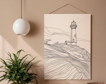 Lighthouse Line Art Print, Minimalist Coastal Landscape (Digital Download)