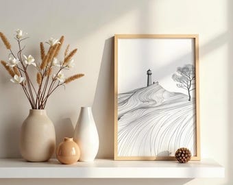 Hilltop Lighthouse Line Art Print – Minimalist Coastal Poster (Digital Download)