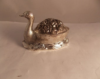 Vintage Keepsake Metal Swan wtih Roses Trinket and Jewelry Box