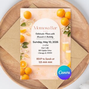 Mother’s Day Brunch Invitation Template Editable in Canva | Momosa Bar Invite | Mimosa Brunch | Matching Sign Bundle | Instant Download