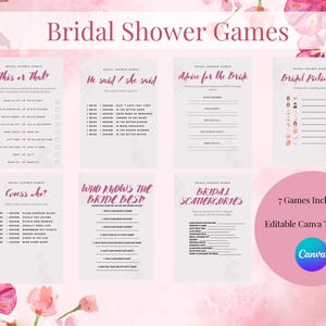 Bridal Shower Games Bundle, Editable Canva Template, Blush Bow Coquette Wedding Shower Games, Printable Bridal Party Games