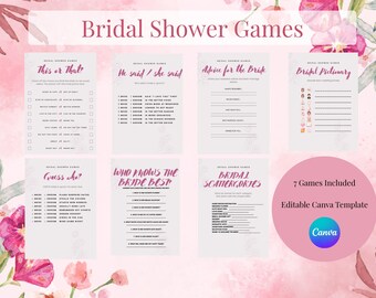Bridal Shower Games Bundle, Editable Canva Template, Blush Bow Coquette Wedding Shower Games, Printable Bridal Party Games