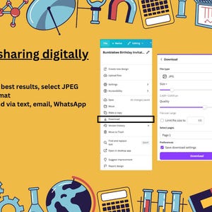 May include: A digital design guide with a yellow background and various science-themed illustrations. The text reads "For sharing digitally" and provides instructions for selecting JPEG format and sending via text, email, or WhatsApp. The image also shows a download menu.