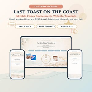 Bachelorette Website Template, Editable Canva Weekend Itinerary, Last Toast on the Coast Digital Party Website, RSVP Travel Details