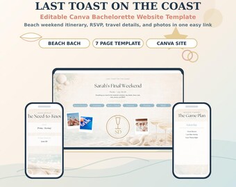 Bachelorette Website Template, Editable Canva Weekend Itinerary, Last Toast on the Coast Digital Party Website, RSVP Travel Details