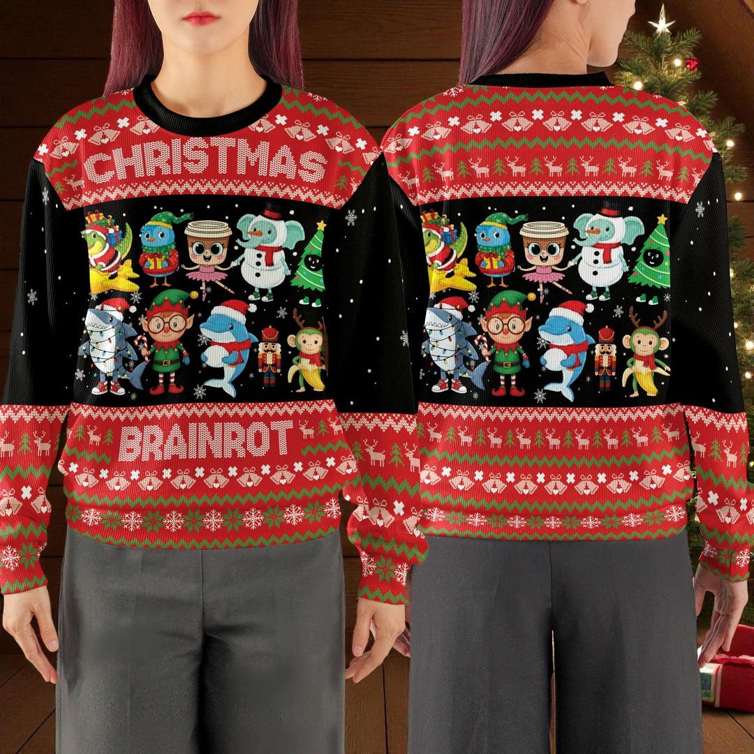 Fun Sweaters Cute Funny Christmas Brainrot Sweater, Colorful Cartoon Character Ugly ...