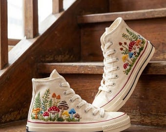Mushroom Embroidered High Top Sneakers, Cottagecore Canvas Shoes, Woodland Floral Sneakers, Nature Inspired Shoes, Gift for Her
