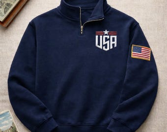 USA Gesticktes Sweatshirt mit Viertelreißverschluss, Vaterländischer Pullover mit Ärmel der amerikanischen Flagge, USA-Half-Zip-Pullover für Männer und Frauen