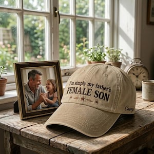 Könnte beinhalten: Beige Baseballcap mit dem gestickten Text "I'm simply my father's FEMALE SON" in Dunkelbraun. Die Kappe hat drei kleine Sterne und den Namen "Casey". Ein gerahmtes Foto und eine Vintage-Uhr befinden sich im Hintergrund.