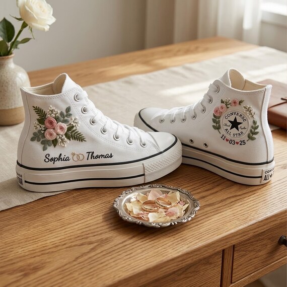 Wedding Sneakers, Embroidered Floral Wedding Shoes, Bride Converse Style Sneakers, Floral Chunky Sneakers