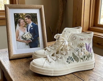 Aangepaste bruiloft handgemaakte geborduurde hoge sneakers, bloemen bruiloft borduurcadeau
