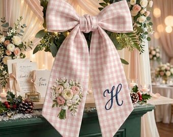 Personalized Hydrangea Wreath Sash Bow, Embroidered Spring Toile Door Decor, Custom Initial Home Gift, Elegant Seasonal Accent