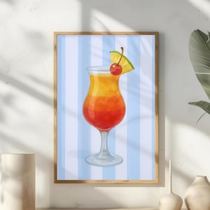 Art mural tropical bleu – impression cocktail pastel, décoration de chariot de bar, art mural bleu tendance, art de bar maison de plage