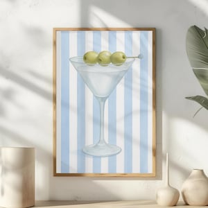 Art mural martini bleu - impression cocktail pastel, décoration de chariot de bar, art mural côtier, art mural bleu tendance, art de bar maison de plage