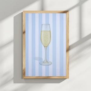 Art de la flûte à champagne – impression cocktail pastel, décoration de chariot de bar, art mural bleu tendance, art de bar maison de plage