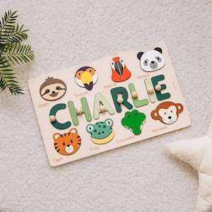 Personalized Name Puzzle with Animals | Baby, Toddler, Kids Toys | Wooden Toys | Baby Shower | Christmas Gifts | First Birthday Girl and Boy