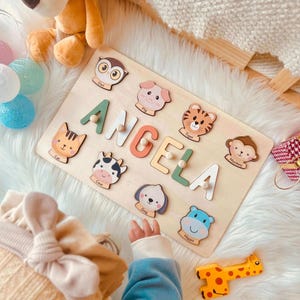 Personalized Wooden Baby Name Puzzle, Animals Name Puzzle for Toddler Girl, Wooden Toys, Personalized Baby Gift, 1st Birthday Gift