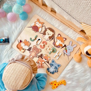 Personalized Wooden Forest Animal Name Puzzle, Educational Toy with Name, Numbers 1-10 & 7 Custom Elements, Perfect for Preschoolers